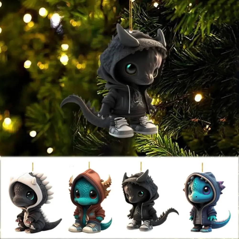 2D Baby Dinosaurs Christmas Pendant Decorative Cartoon Xmas Flat Dragon Keychain Acrylic Hangable Flying Dragon Car Pendant