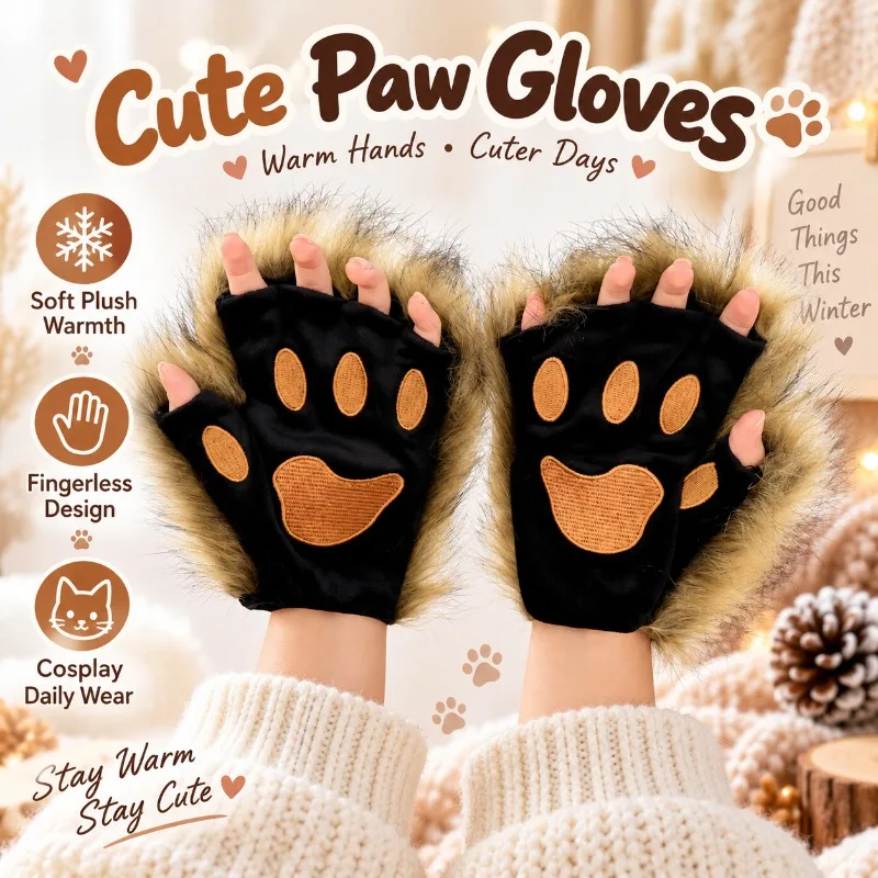 Plush Cat Paw Gloves Halloween Cosplay Fingerless Beast Claw Gloves Winter Warm Costume Party Accessories
