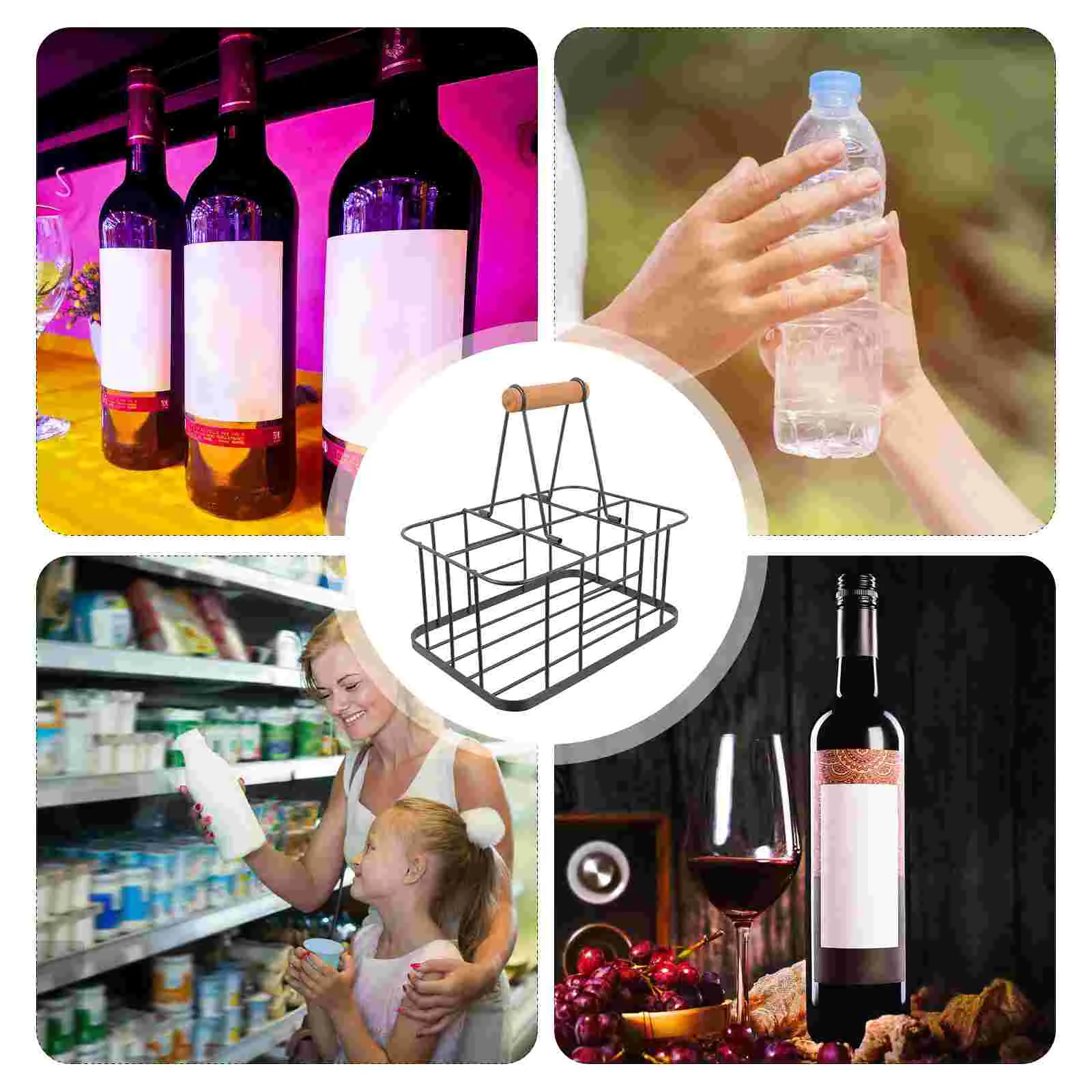 Iron Storage Basket with Wood Hand-held Holder for Drink Milk Shopping Basket Shelf Display Stand