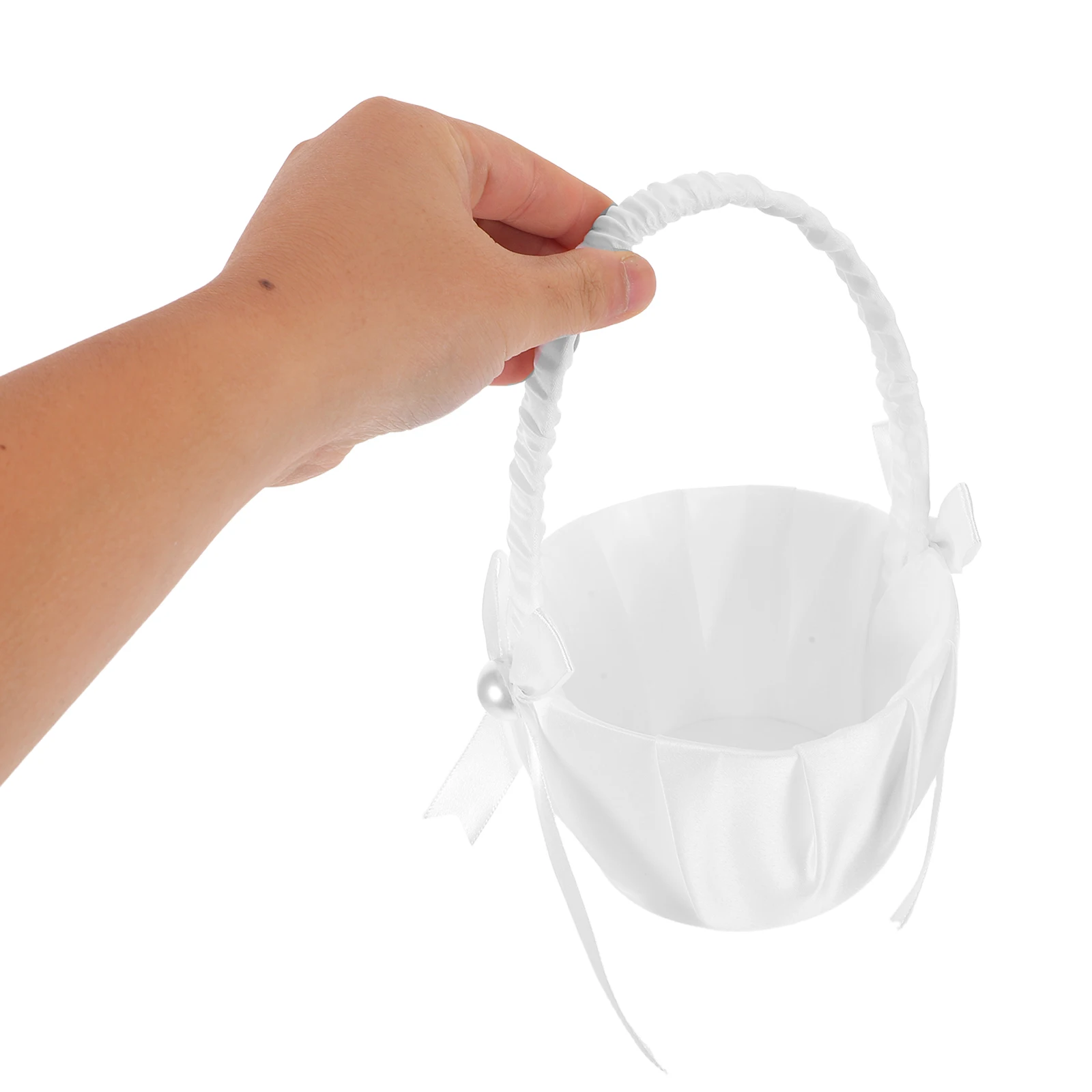 

4pcs Wedding Flower Girl Baskets White Satin Handle Bowknot Pearl Petal Storage Floral Basket For Bridal Ceremony Decor Fairy