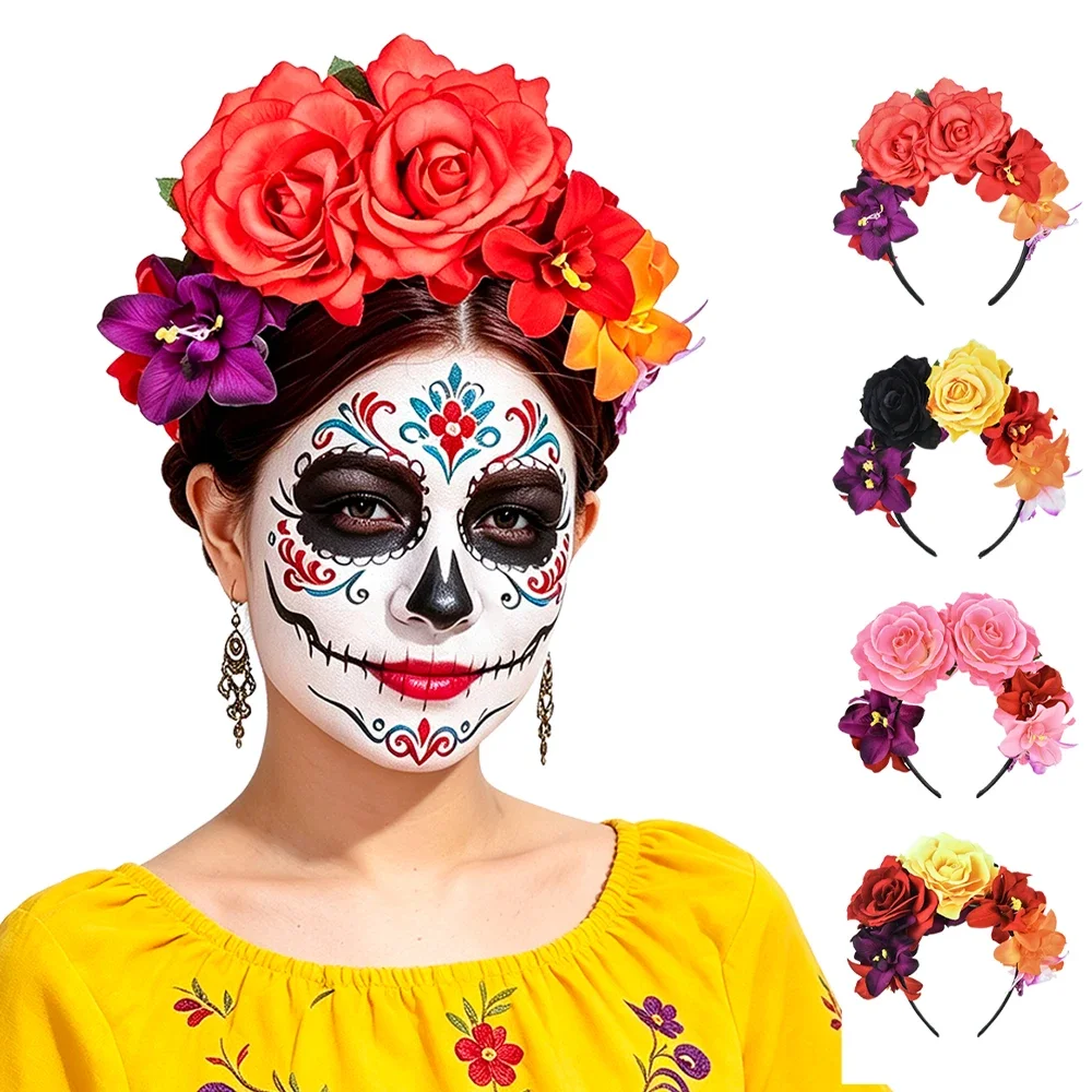 Mexikanischer Tag der Toten Rotes Rosen-Blumen-Stirnband, Künstliches Blumen-Haaraccessoire für Halloween, Katrina Cosplay Kopfreif – Detail 1