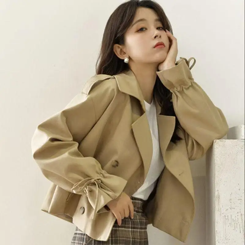 

Trench Coat Women Short Jacket Turn Down Collar Double Breasted Lace Up Office Lady Windbreaker Overcoat Autumn 2025 Outerwear