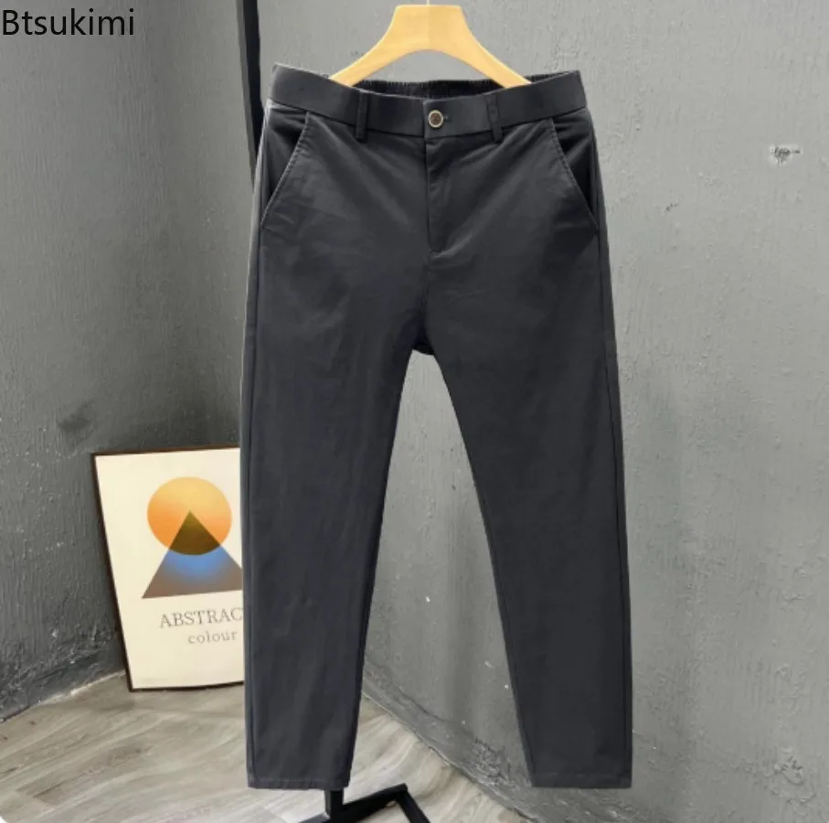 2025 Men's Solid Casual Trousers Summer Trendy Loose Thin Cotton Small Straight-leg Pants Fashionable Business Cropped Pants