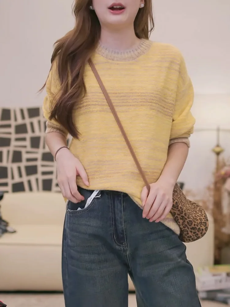 

Осень 2025: Модный женский вязаный свитер больших размеров в полоску, желтый, универсальный, стройнящий, в корейском стиле, с длинными рукавами, топ-кардиган