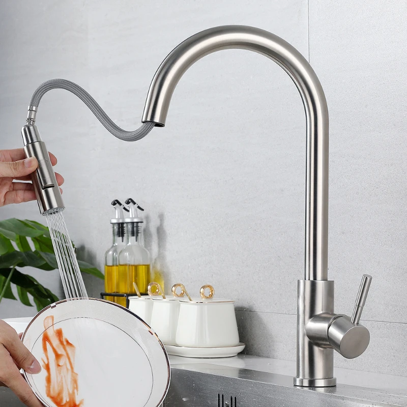 Black Kitchen Faucet Two Function Single Handle Pull Out Mixer  Hot and Cold Water Taps Deck Mounted