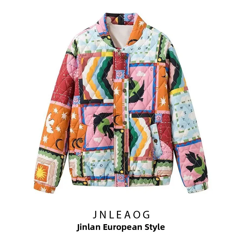 

JNLEAOG Autumn New Faionable Street Sle Women's Cotton Jaet fiti Print Versatile Design Long Sve Zipper round Ne
