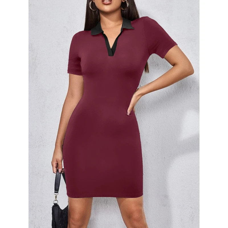 

Female Long Dress Slim V-neck POLO Collar Solid Colour Knitted Waist Dress Elegant Street Style Women's Dresses