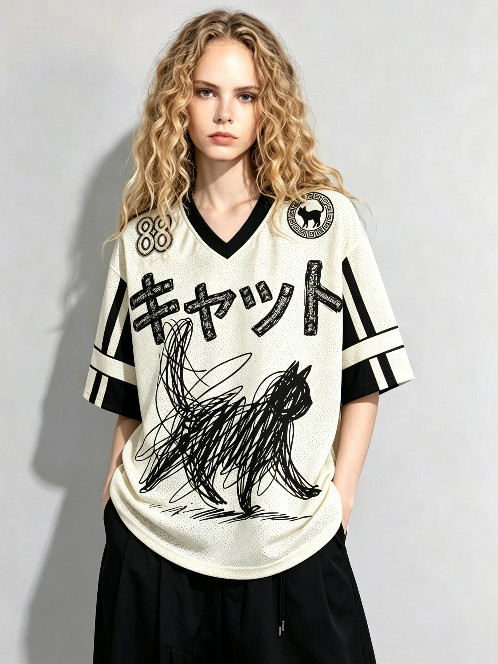 Japanese Scribble Pet Graphic Tee Y2K Harajuku Streetwear Oversized Breathable Couple Parent Child V-Neck Sports Jersey T-Shirt