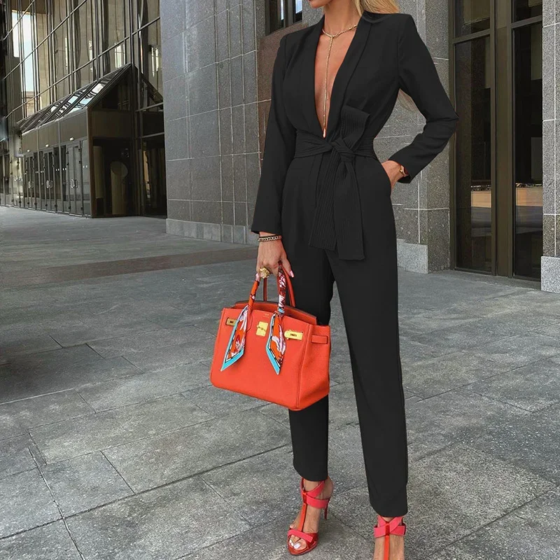 Women Open Front Blazer Top +Pant Fall 2 Piece Sexy Club Outfits Solid Tie Front Blazer & Pants Set Orange Pants Suit Streetwear