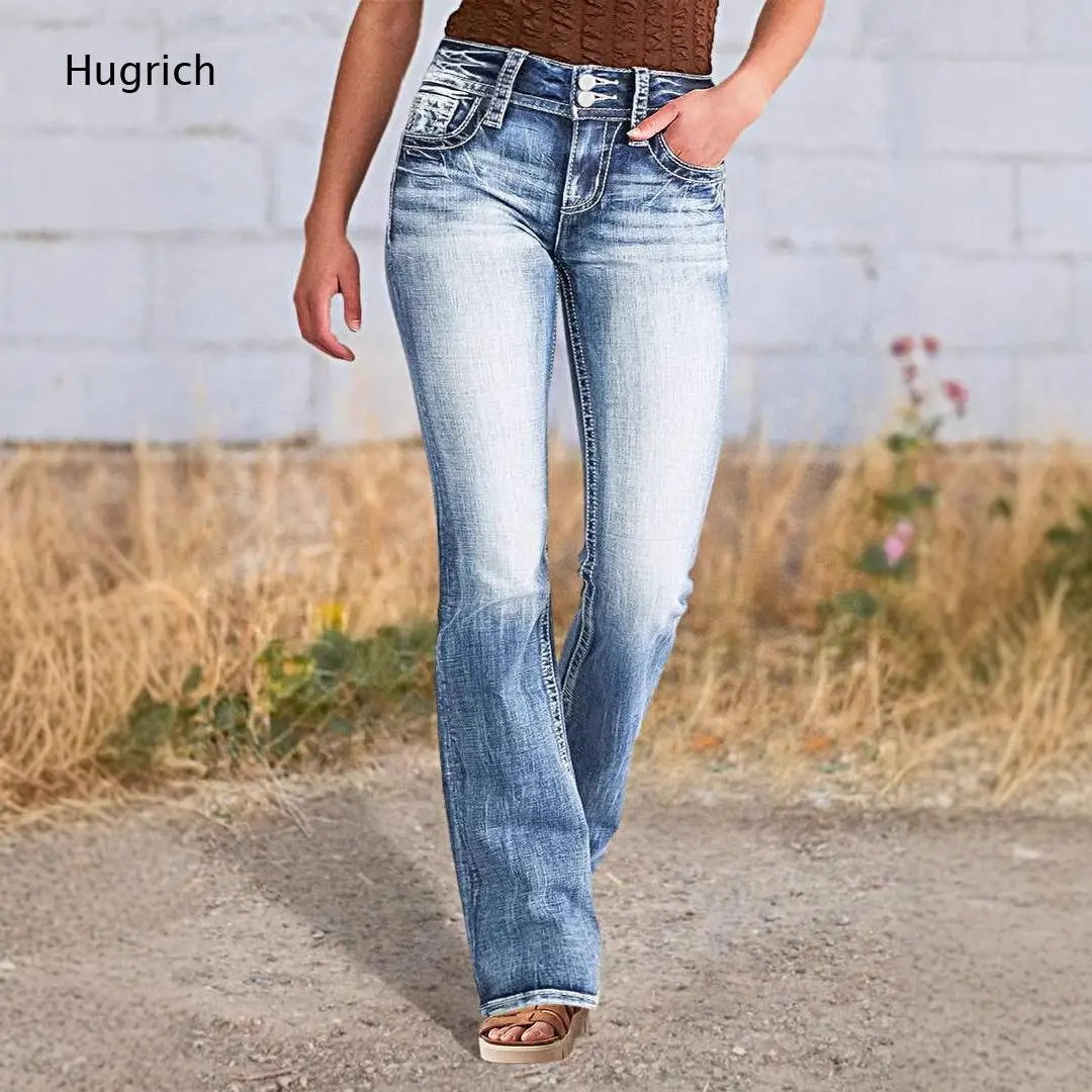 Contrast Stitch Gradient Blue Flare Jeans Mid Rise Dual Button Slim Fit Vintage Western Daily Long Denim Trousers For Womem