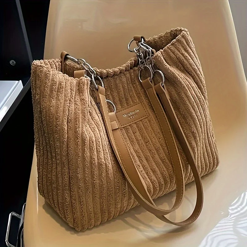 Borsa tote in velluto a coste di grande capacità, borsa a tracolla con tracolla a catena per donna, fodera in poliestere, chiusura con zip, nero, beige, kaki, verde