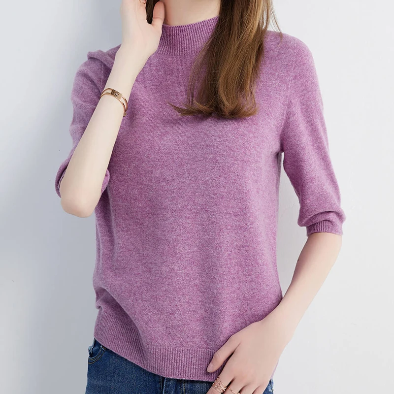 Wool Top Women\'s Sweater Knitwears Short Sleeve Pullover 100% Wool Half Turtleneck Sweater for Women Knit Jumper Female Clothing