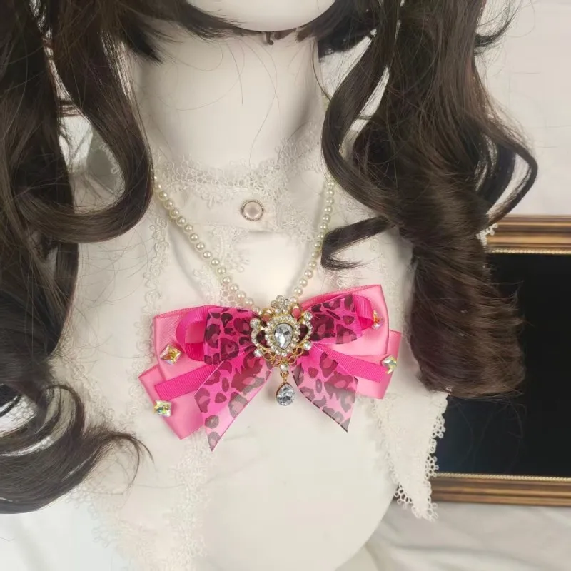 手作りロリータオリジナルパールネックレス-リボン-レオパードプリント-ダイヤモンド-スパイスガール-ピンクロリータレース-ジュエリーメイキング