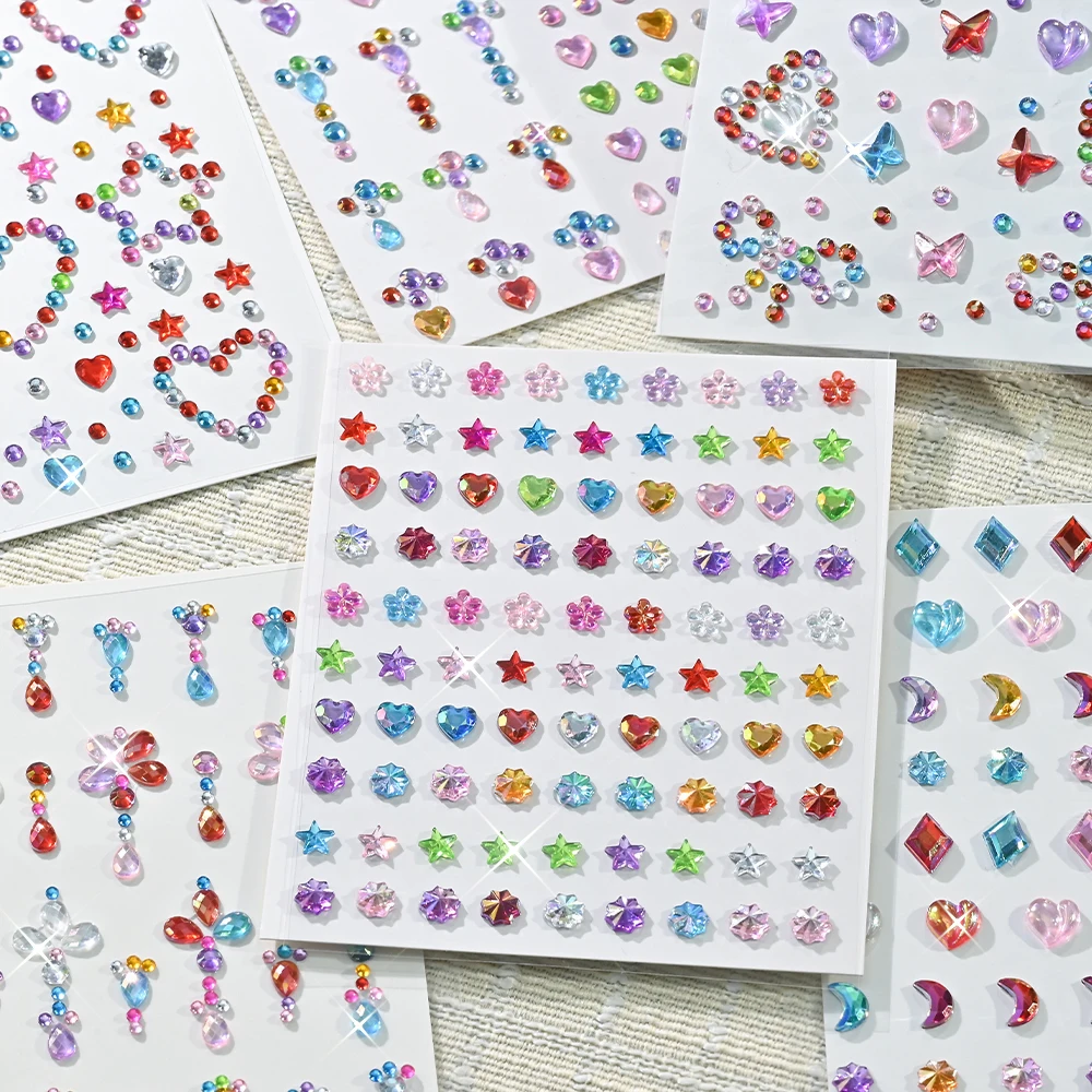 6 Stück/Set 5D gemischte bunte Diamant-Gesichtsstein-Aufkleber, glitzernde Sterne/Herzen/Blumen/Tropfen-Design-Strass für Augen/Gesichtsaufkleber – Detail 6