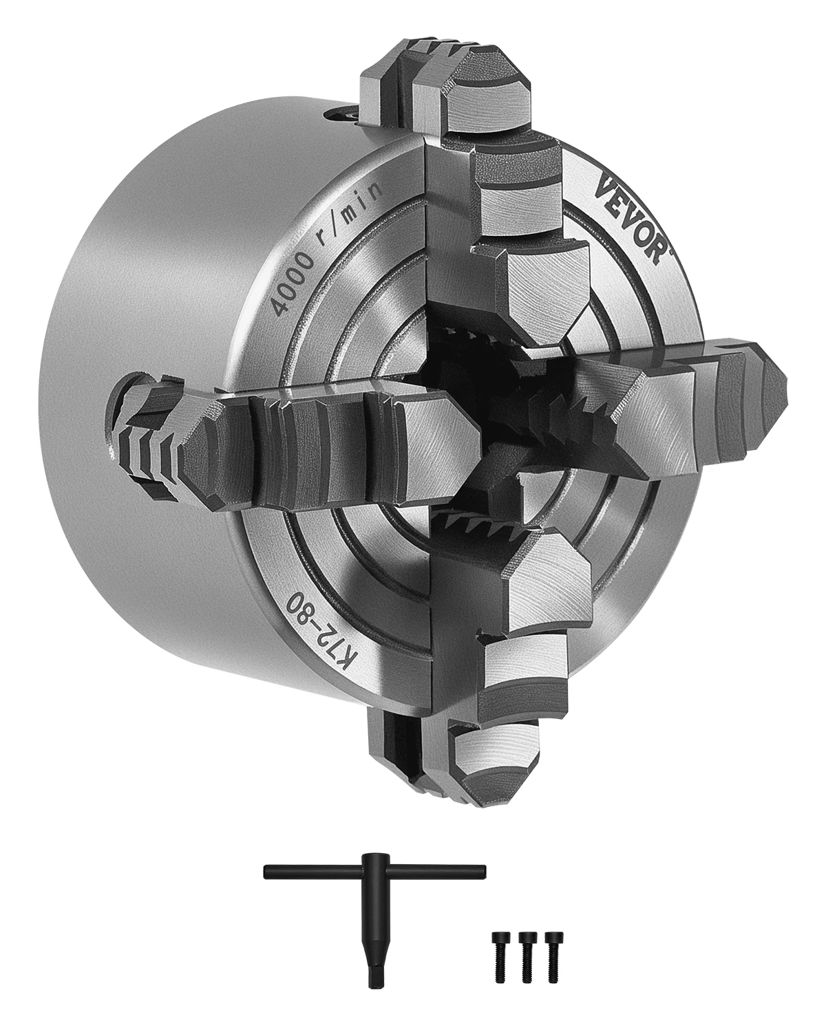 VEVOR Lathe Chuck 3 In / 10 In 4-Jaw HT300 Material T-key Fixing Screws Reversible Jaws Internal External for Metal Lathe Use