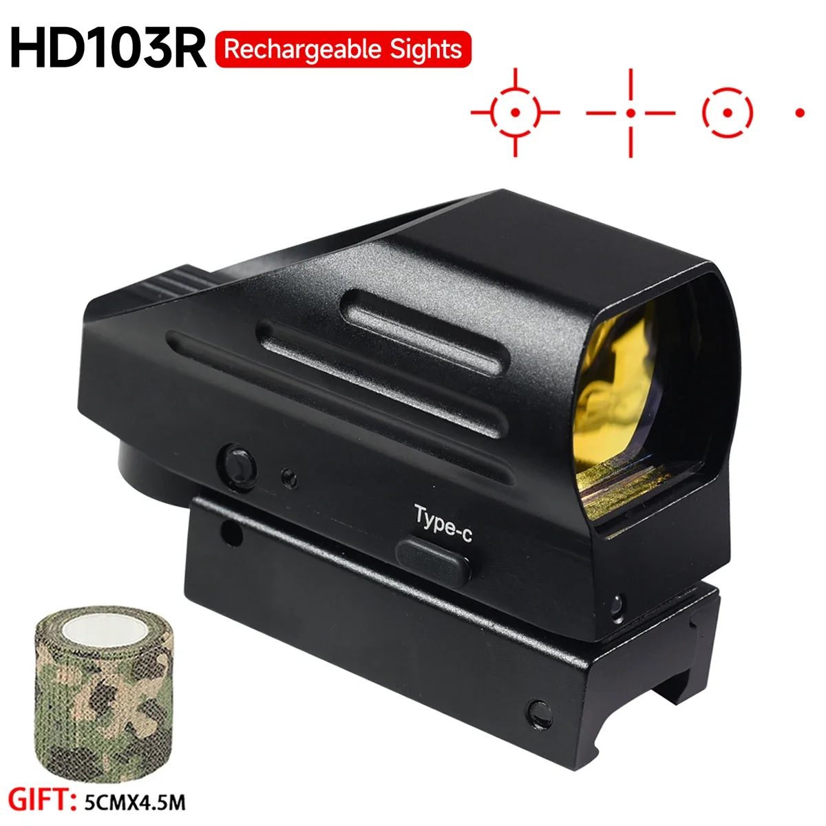 HD103R Red Dot Sight WithType-C USB Rechargeable Sight 4 Reticle Optics Red Dot Scopes Airsoft Hunting Tactical Rifle Scope