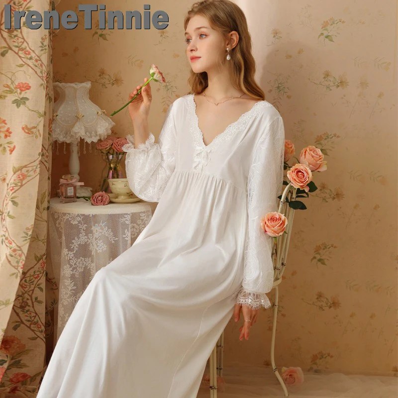 

IRENE TINNIE French Style Vintage Elegant Cotton Nightdress Beautiful Long Sleeve Night Gown For Women Double Bow Sweet Homewear