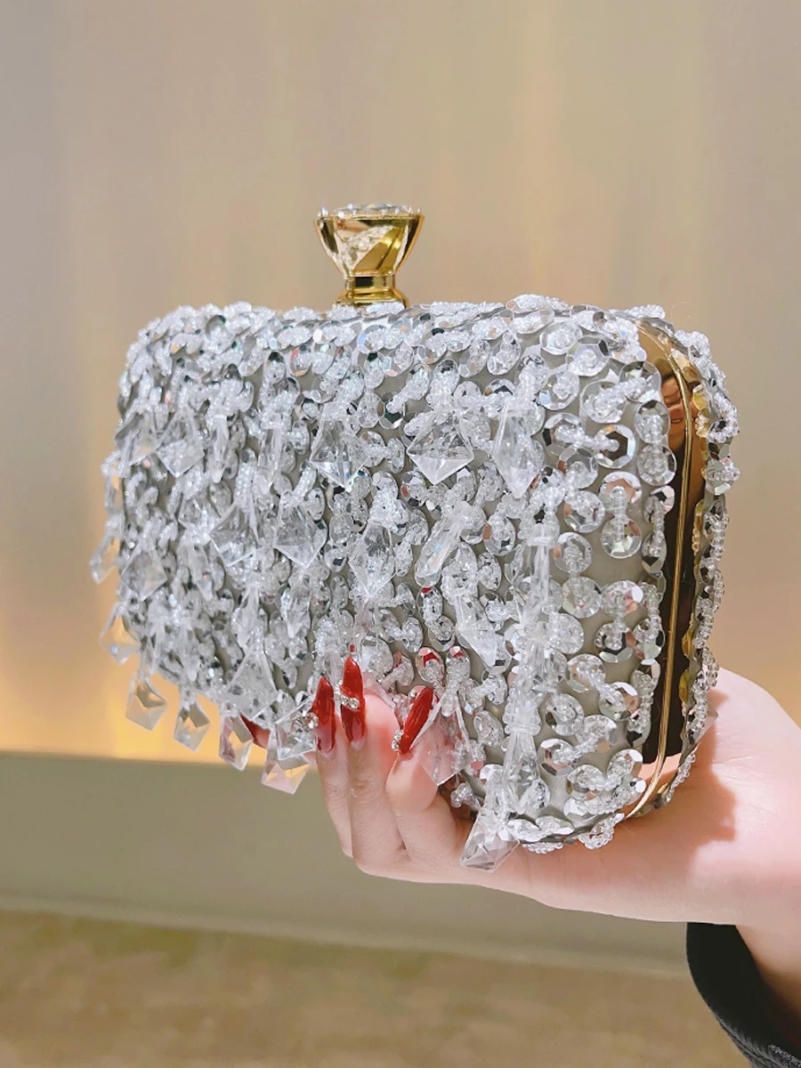 Beaded Sequins Evening Bag, Elegant Box Clutch Purse, Women\'s Wedding Handbags For Party Prom