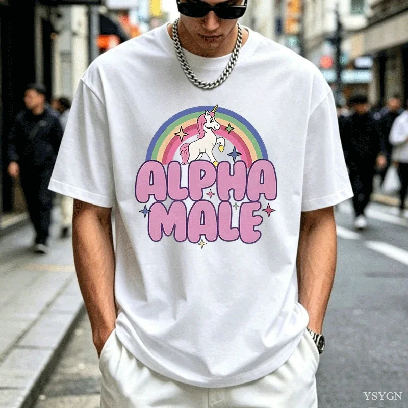 Alpha Male Unicorn Rainbow T Shirts Oversize Men Casual Fashaion Graphic Tees Unisex Round Neck Print Mens Short Sleeve Tshirt