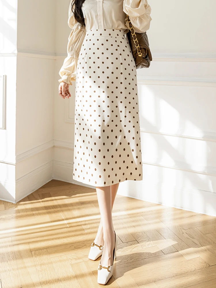 

Юбка миди с завышенной талией в горошек, женская, весенняя, модная, для повседневной носки, новая, с эффектом складок, из полиэфирного волокна, с принтом, А-силуэт