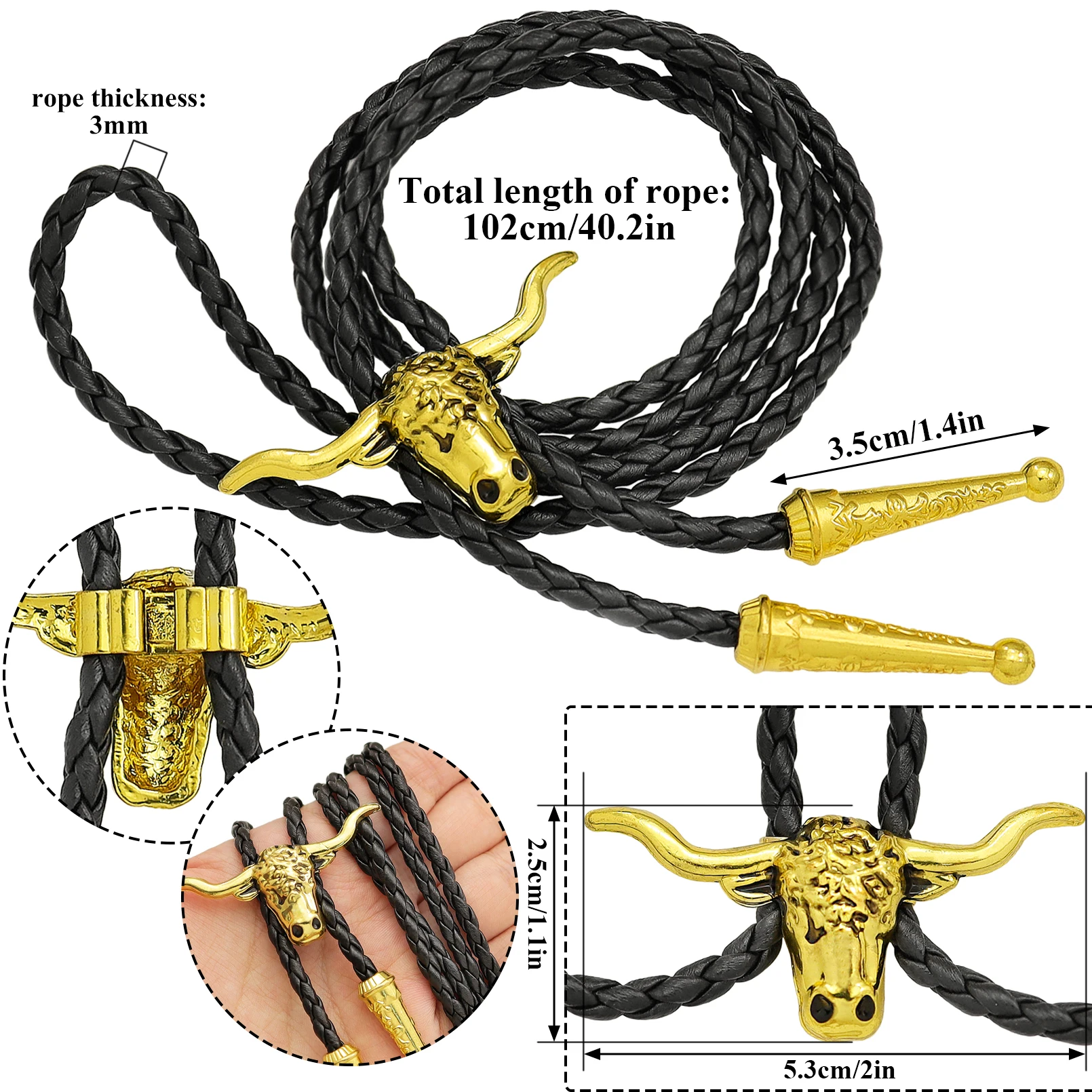 Neuheit Western Cowboy Bolo Krawatte für Herren Kuh Schädel Design Schwarz Leder Seil Vintage Krawatte Bull Kopf Anhänger Damen Schmuck – Detail 8