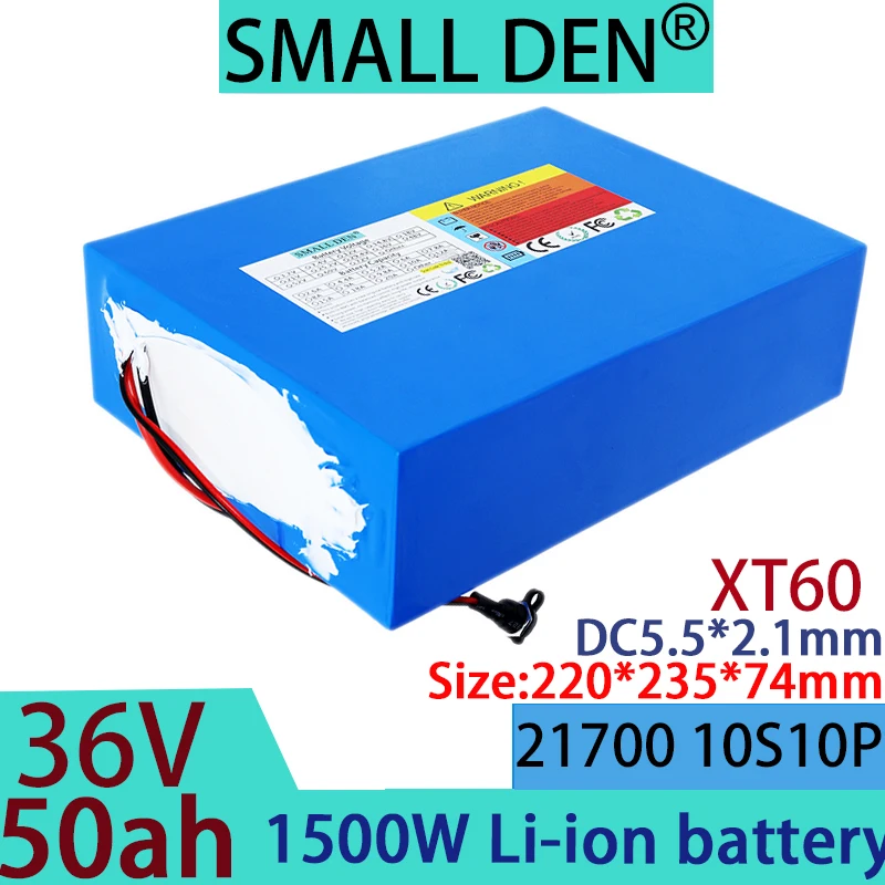 Paket baterai lithium 10 S10 P 36V 50ah 21700 dengan pelindung BMS, pengisi daya 5A 42V + 2A, baterai cadangan daya tinggi 1500W