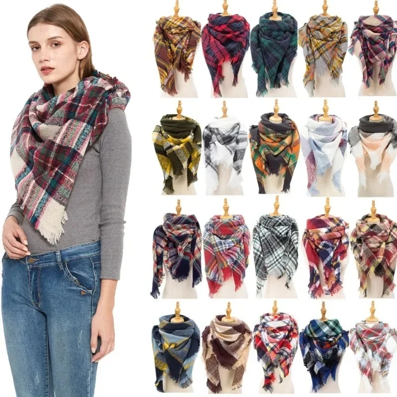 

Scarf Triangle Knitted Scarf Casual Ladies Plaid Pashmina Shawl Luxury Design Plaid Cashmere Scarf for Women