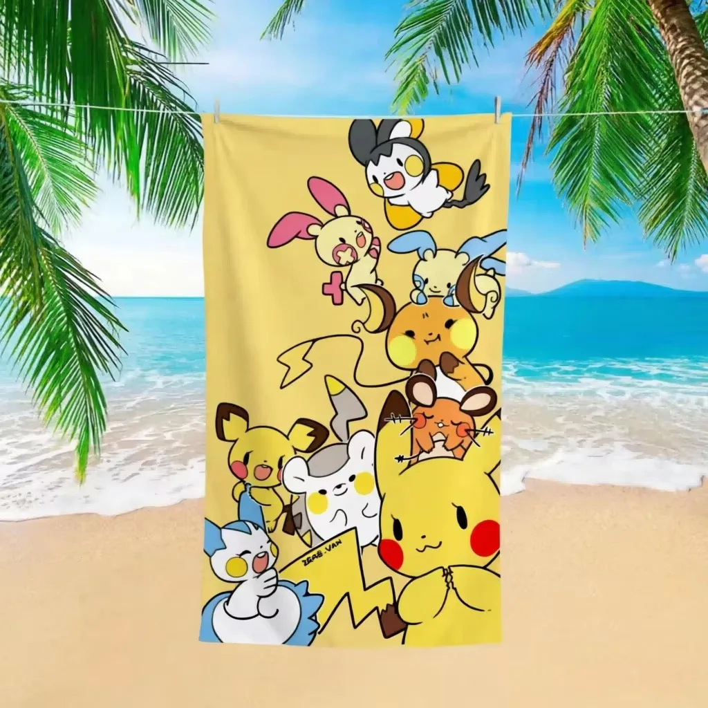 P-Pokémon P-Pikachu Beach Towel, Flat Print Yellow Cute Anime Character Outdoor Pool Party Travel Bath Towel For Kids Fans