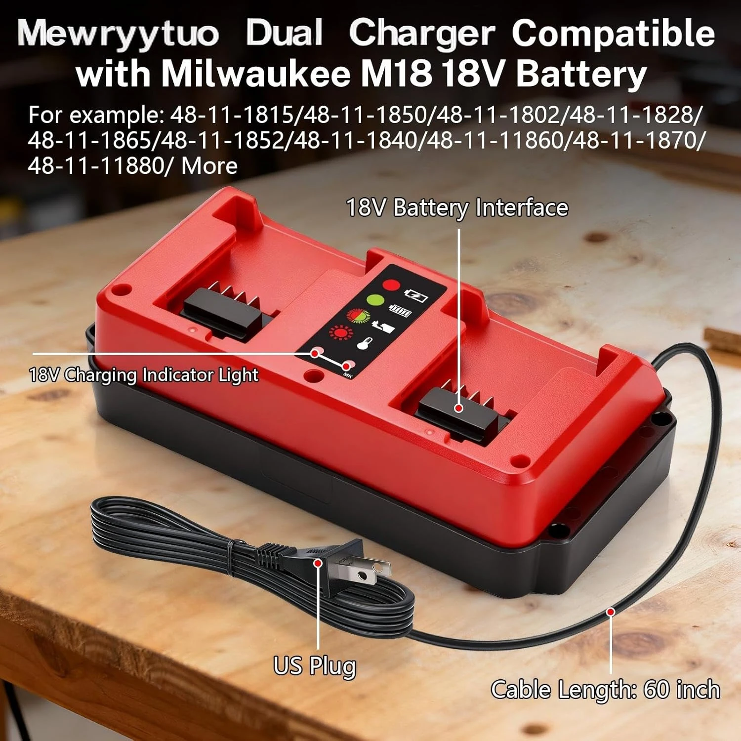 محطة شاحن مزدوجة ببطارية 18 فولت بمنفذين متوافقة مع بطارية ميلووكي M18 18 فولت، مدخل شاحن صغير متعدد الجهد 100-240 فولت #2