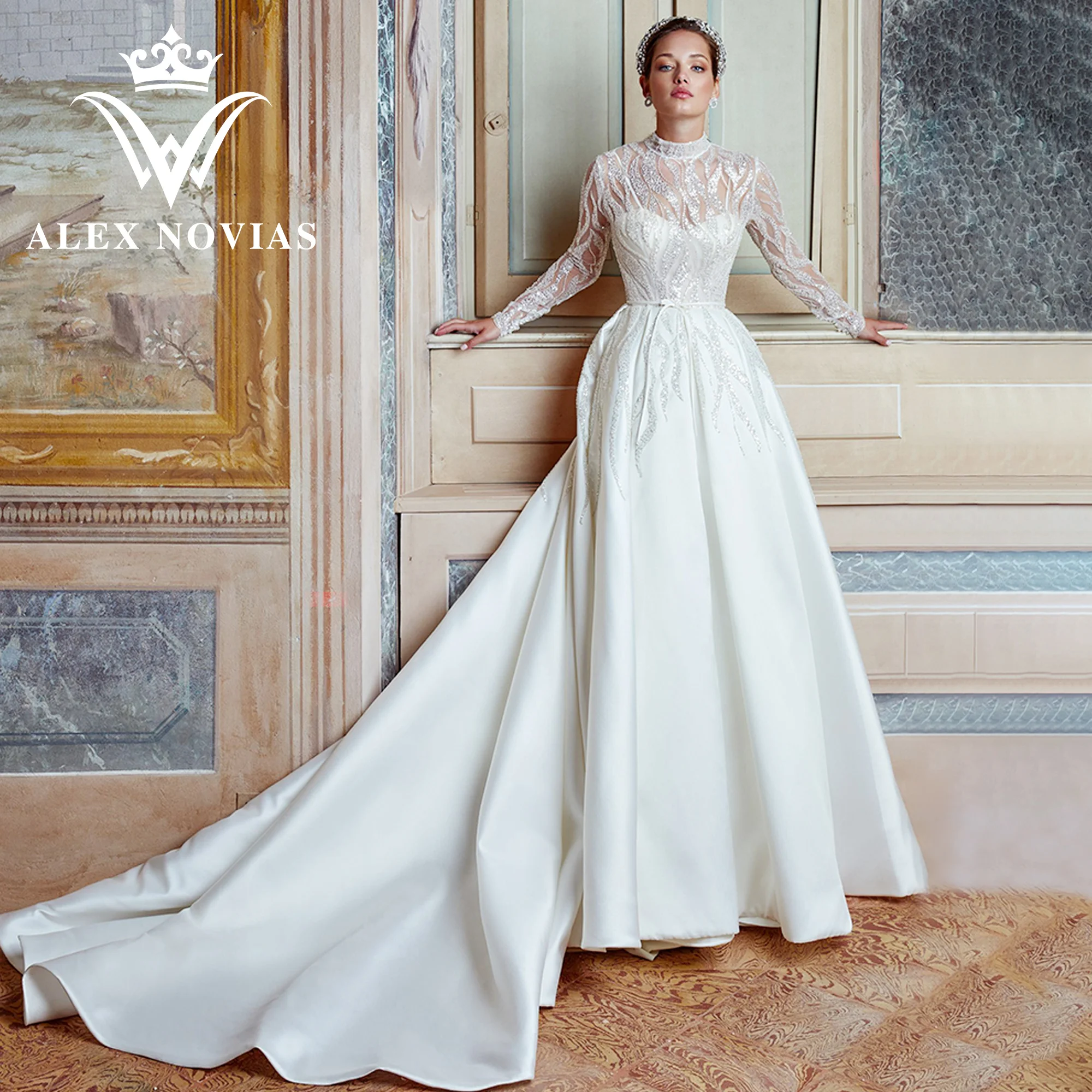 

ALEX NOVIAS Luxury Long Sleeve Satin Wedding Dress 2023HIGH Illusion Sequined Royal A-Line Wedding Gown Vestidos Novias De Saten