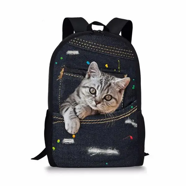 Tas sekolah hitam hewan Denim kucing kucing saku tas punggung Notebook 3D dicetak Oxford tahan air anak laki-laki perempuan tas perjalanan