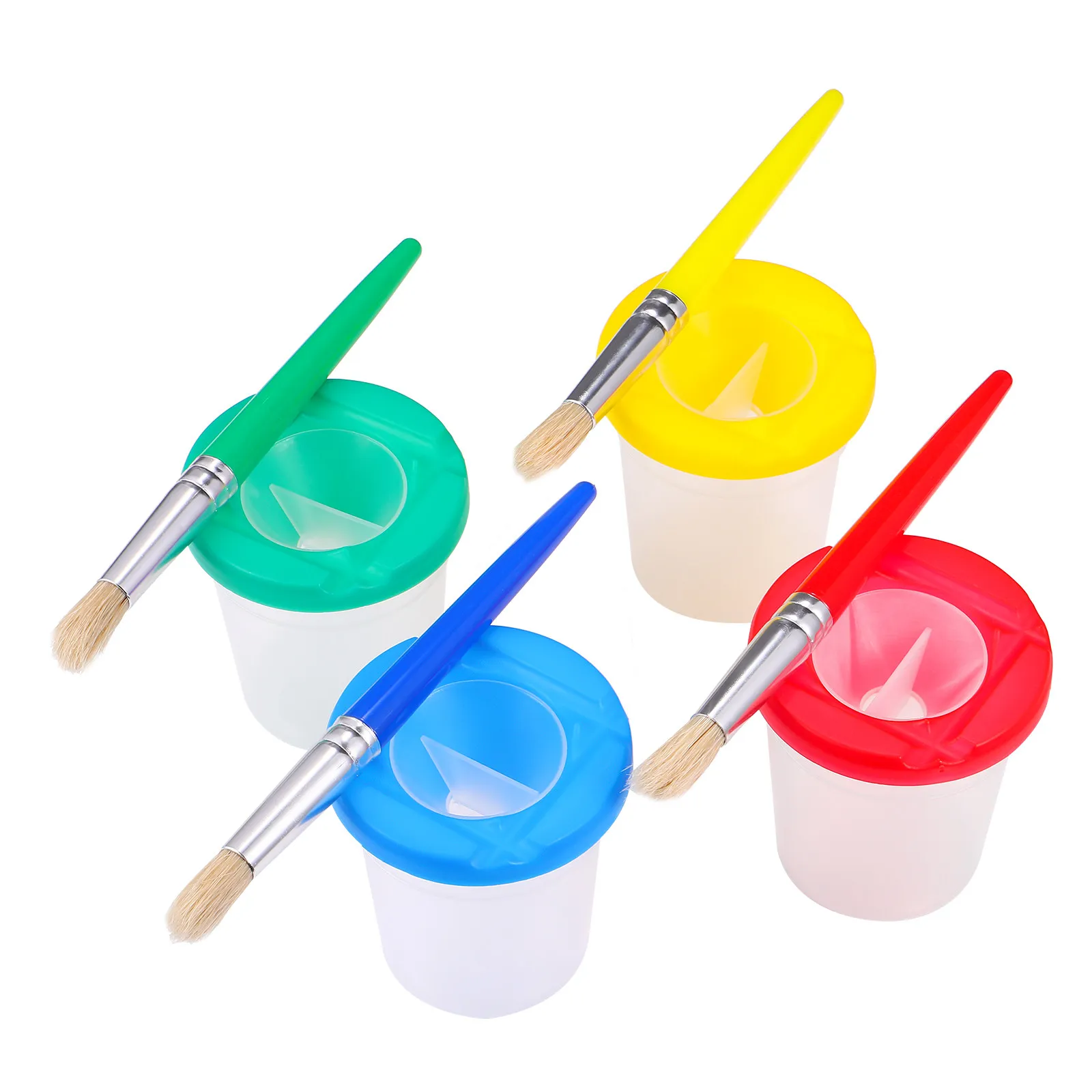 4Pcs Painting Brushes with No Spill Paint Cups Set Assorted Colors Painting Tools for Art Classes and Home