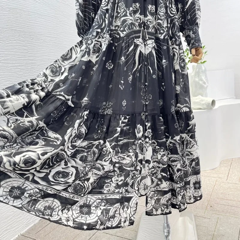 Vestido Midi negro de manga larga con cuello levantado y estampado Floral plisado con diamantes de alta calidad para novedades de 2024, vestidos para vacaciones de verano