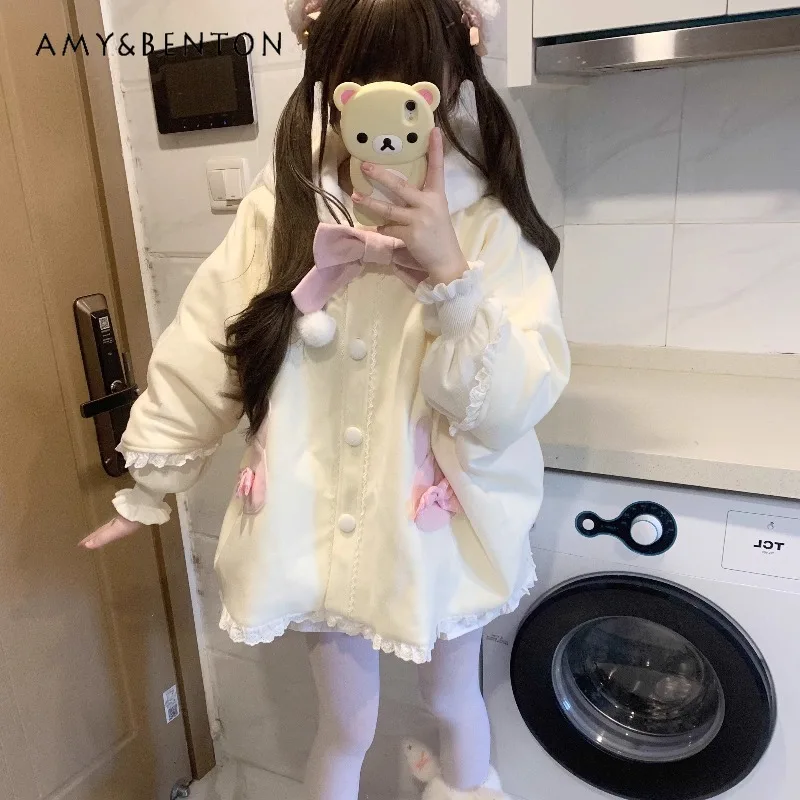 Rabbit Ear Plush Hooded Cute Bow Woolen Cape Coat Autumn Winter New Japanese Sweet Kawaii Lace Patchwork Loose Wool Coat Women