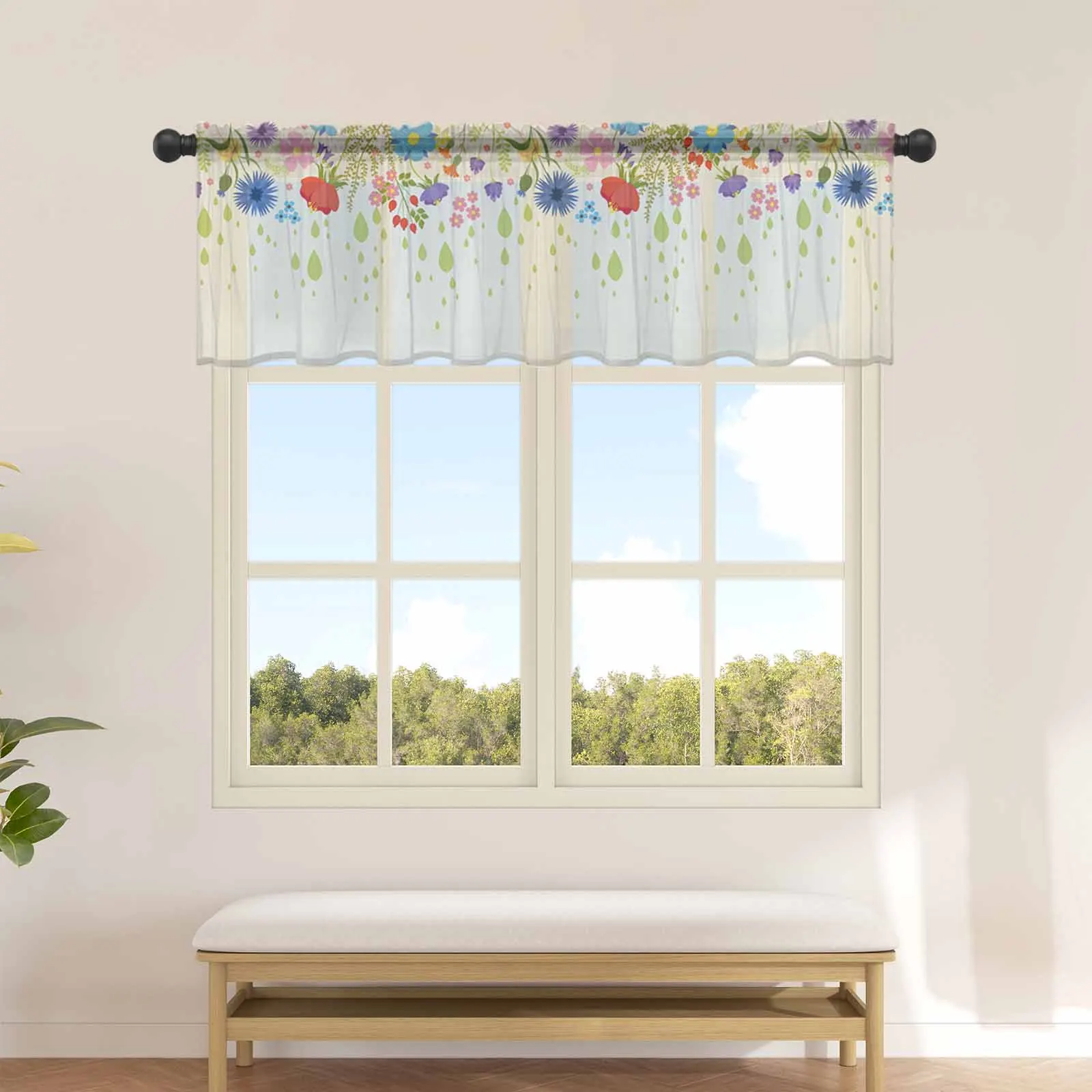 Flowers Leaves Raindrops Kitchen Curtains Tulle Short Sheer Curtain Bedroom Living Room Home Decor Voile Drapes