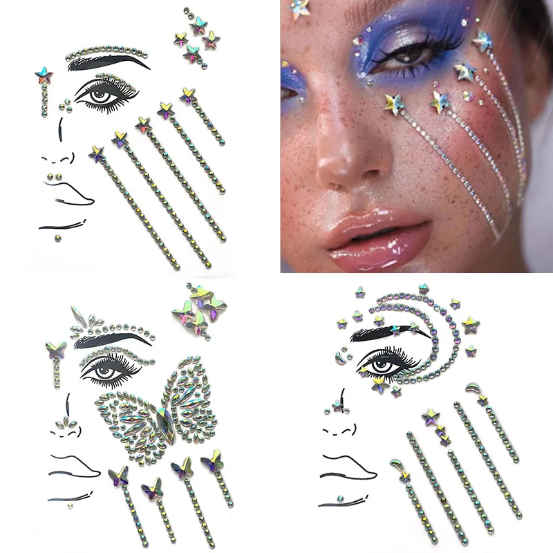 2022 New Designs Trendy 3D Forehead Crystal Stickers Reusable Colored Shiny Face Resin Decorations Masquerade Party Stickers