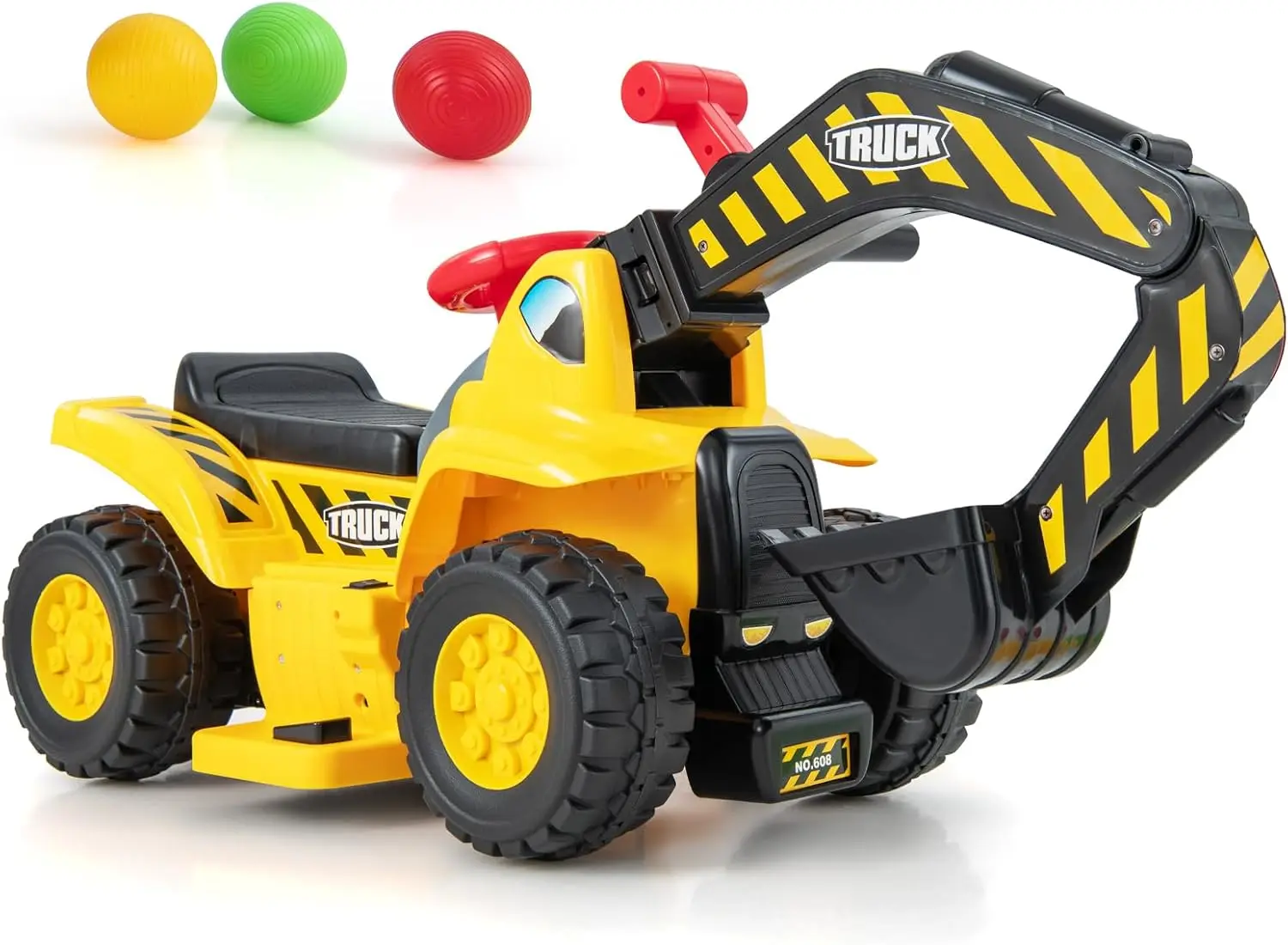 

6V Ride On Construction Excavator, Outdoor Digger Scooper Tractor Toy W/Safety Helmet, Rocks, Horn, Underneath Storage, Moving F