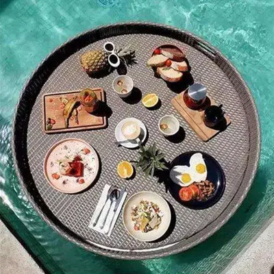 White rattan woven floating water tray, hot spring villa swimming pool, afternoon tea and dining plate