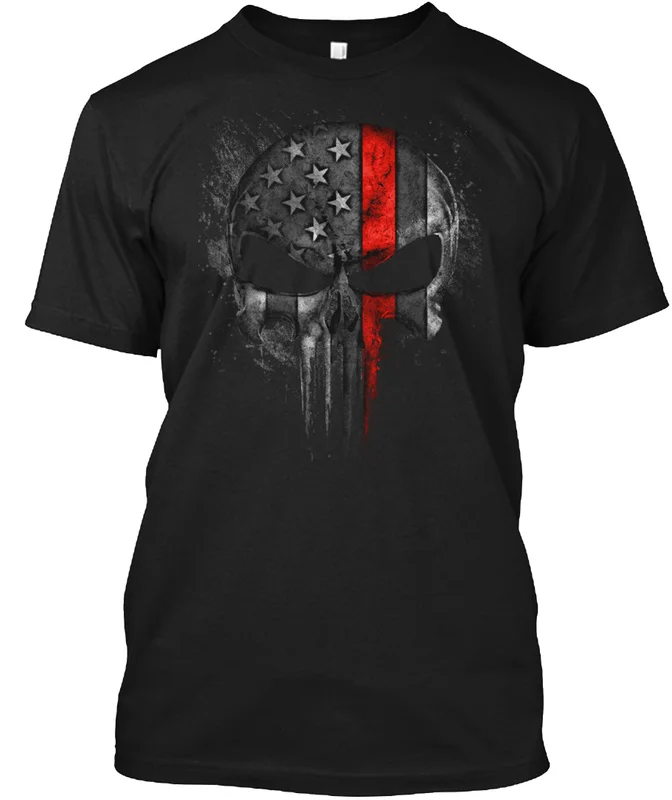 Firefighter Red Line American Flag Skull Fireman Gift T-Shirt 100% Cotton O-Neck Short Sleeve Casual Mens T-shirt Size S-3XL