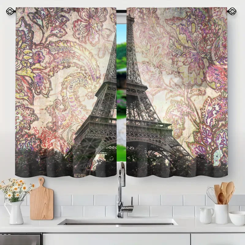Elegant Parisian Floral Eiffel Tower Curtain Vintage Romantic Window Panel Sheer Light Filtering Drape for Home Decor Accent Cur