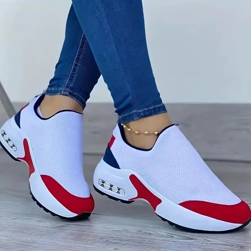 Vrouw Sneakers Effen Kleur Mode Platform Ademende Vulkanische Looptenis Veters Casual Wiggen Mesh Sportschoenen