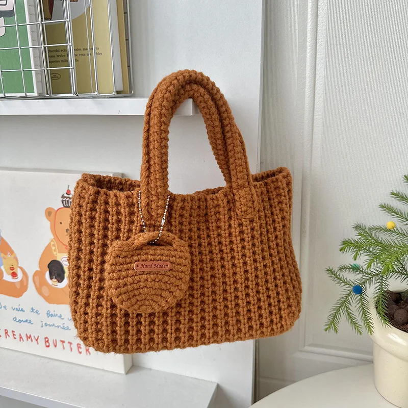 Woven Bag Solid Color Handmade Crochet Bag Cute Woolen Handbag Autumn and Winter Wear Mobile Phone Bag