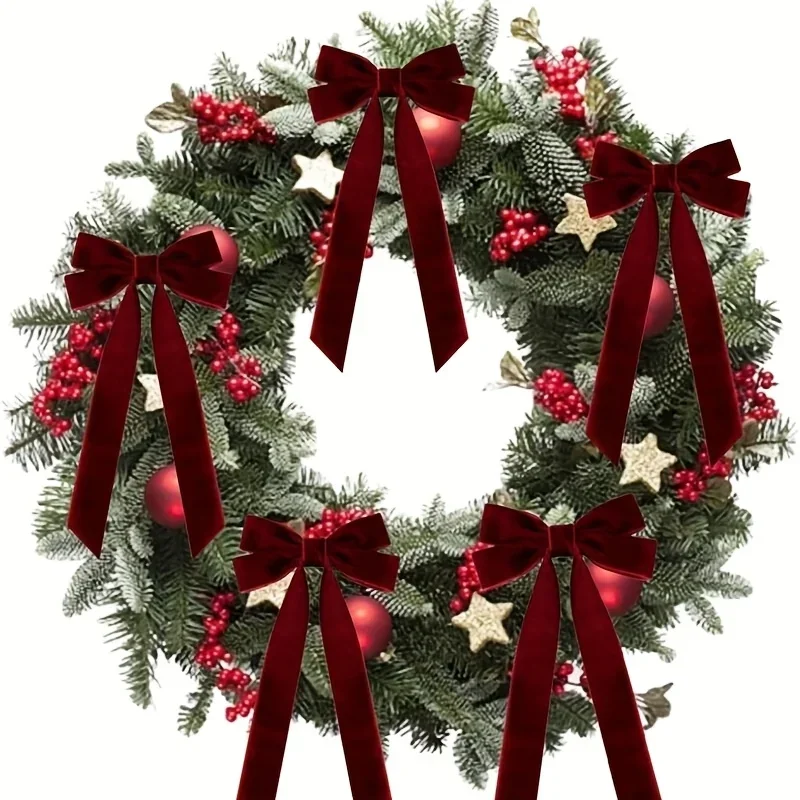 Burgundy Velvet Christmas Tree Bows - Festive Ribbon Gift Bows for Holiday Wreaths, Decorations,and Rustic Crafts Glossy Finish