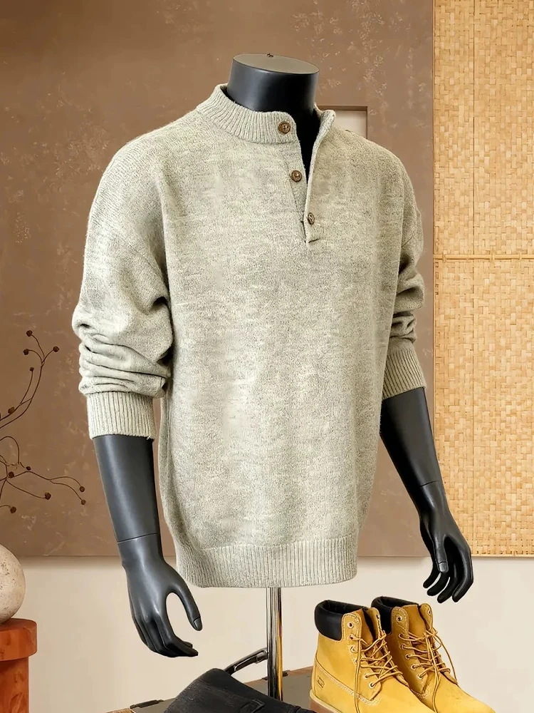 

Cleanfit Henry Collar Knitwear Men's Autumn Winter Flower ey Loose Sle Inner Wear Base irt Faion Urban Sle Long Sve