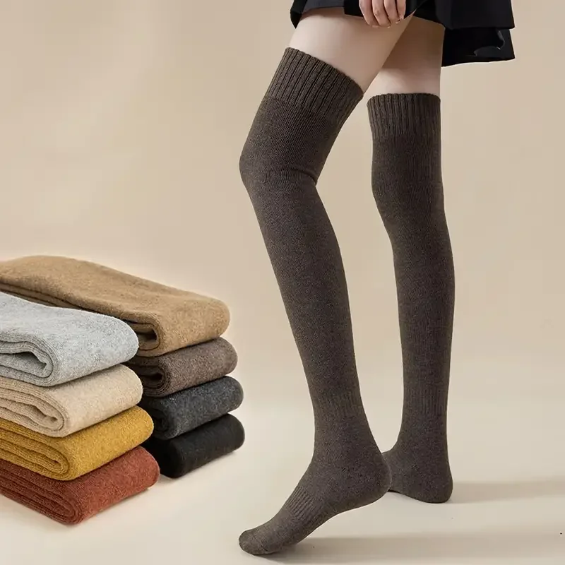 Winter Warme Kneepad Samt Futter Frauen Lange Socken Dicke Wolle Bein Wärmer Thermische Fuß Abdeckung Einfarbig Mädchen Gestrickte Strümpfe