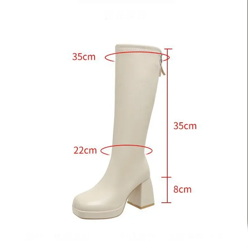 Nowe buty do kolan Kobiety Kwadratowe obcasy Casual Winter Long Boot Shoes Ladies Designer Round Toe Zip Fashion Cool Knight Bootties