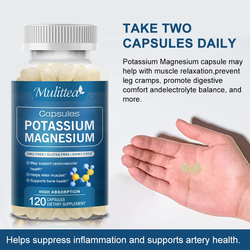 Mulittea Potassium Magnesium Capsules High Absorption For Leg Spasms Bone Muscle Function And Heart Health Relieve stress