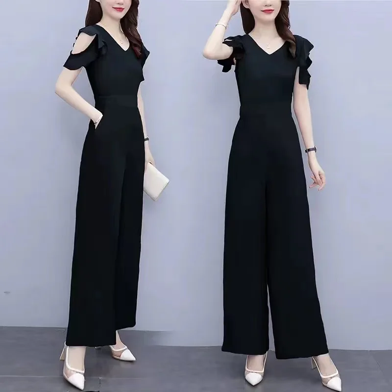 

Black Fashion Chiffon Wide Leg Jumpsuit Women's Summer Dress 2023 New Lotus Leaf Sleeve Short Sleeve Jumpsuit