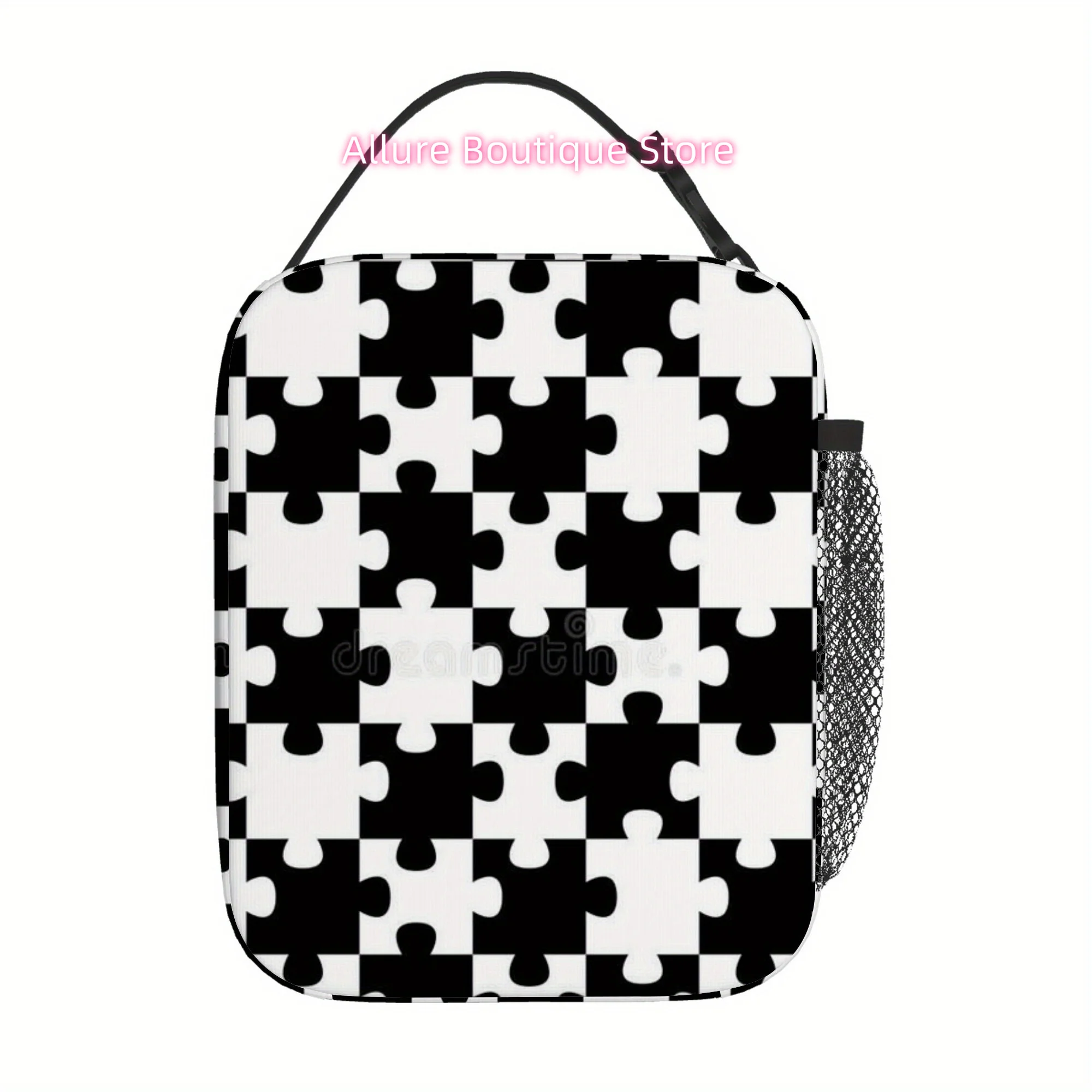1pc, Puzzle Pieces Creating a Checkerboard Design. Thermal Printed Bag, Insulation Bag, Insulated Carrier, Not for Food Contact,
