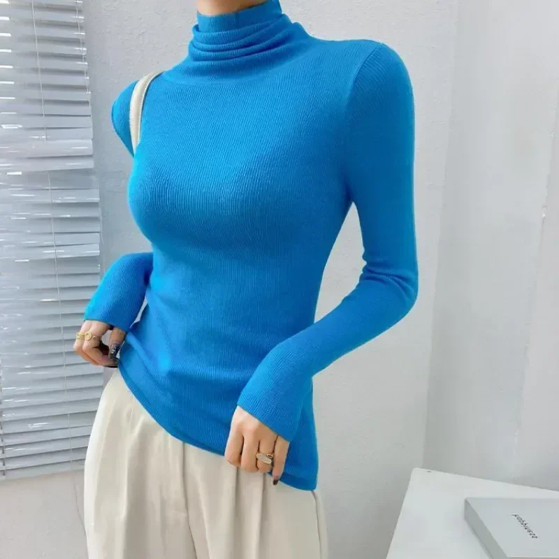 Slightly Transparent High Neck Bottom Shirt Autumn Winter Fashion Slim Warm Tops Simple Pile Neck Wool Sweater Thin Knit Shirt